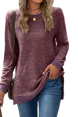 Color Block Long Sleeve Round Neck Pocket Top