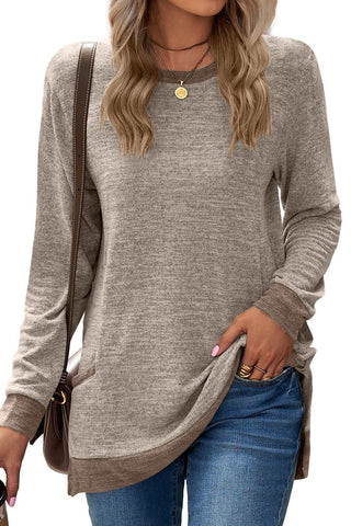 Color Block Long Sleeve Round Neck Pocket Top