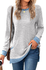 Color Block Long Sleeve Round Neck Pocket Top