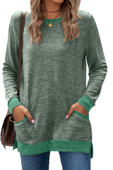 Color Block Long Sleeve Round Neck Pocket Top