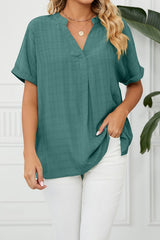 V Neck Short Sleeve Side Split Loose Fit Shirt