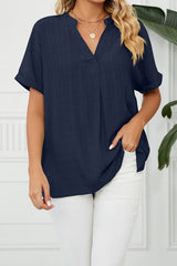 V Neck Short Sleeve Side Split Loose Fit Shirt