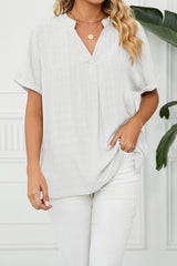 V Neck Short Sleeve Side Split Loose Fit Shirt