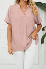 V Neck Short Sleeve Side Split Loose Fit Shirt