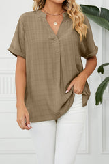 V Neck Short Sleeve Side Split Loose Fit Shirt