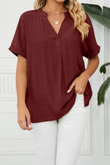 V Neck Short Sleeve Side Split Loose Fit Shirt