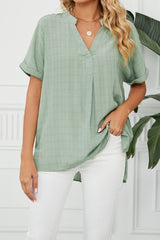 V Neck Short Sleeve Side Split Loose Fit Shirt