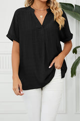 V Neck Short Sleeve Side Split Loose Fit Shirt