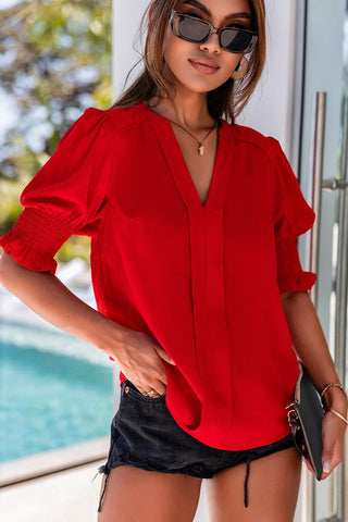 VNeck Smock Short Sleeve Blouse