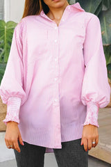 Smocked Cuffed Striped Boyfriend Shirt with Pocket