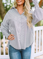 Smocked Cuffed Striped Boyfriend Shirt with Pocket