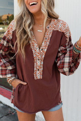 Plaid Mixed Print Bishop Sleeve Top