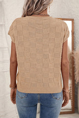 Lattice Textured Knit Short Sleeve Loose Fit Sweater