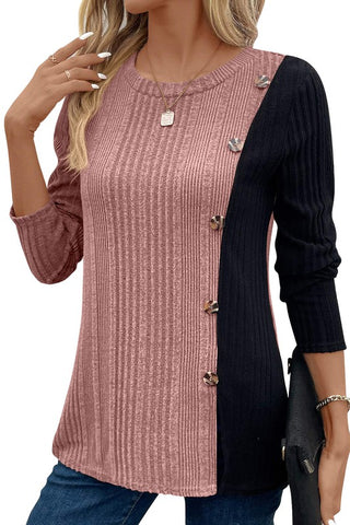 Contrast Color Button Split Casual Long Top