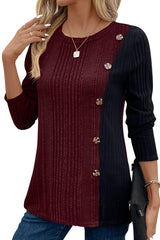 Contrast Color Button Split Casual Long Top