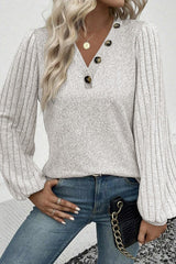 Button Detail V Neck Ribbed Bishop Sleeve Top