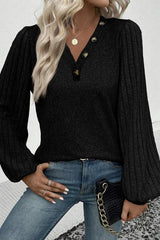 Button Detail V Neck Ribbed Bishop Sleeve Top