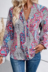 Vintage Boho Paisley Print Notched Neck Blouse