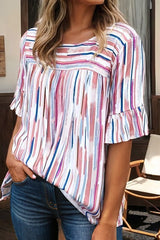 Colorblock Striped Ruffle Half Sleeve Blouse