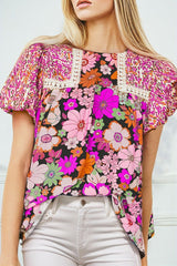 Bubble Sleeve Lace Trim Floral Mixed Top