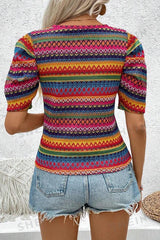 Rainbow Stripe Pleated Bubble Sleeve Top