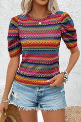 Rainbow Stripe Pleated Bubble Sleeve Top