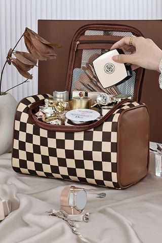 Checkered PU Leather Zipper Makeup Bag