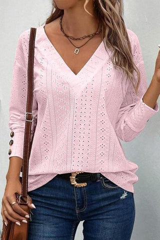 Hollow V-Neck Shoulder Long Sleeved Buttons