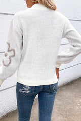 Flower Knitted Half Zipper Stand Neck Sweater