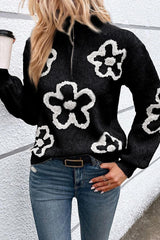 Flower Knitted Half Zipper Stand Neck Sweater