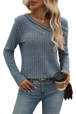 V-Neck Strappy Button Long Sleeve Top