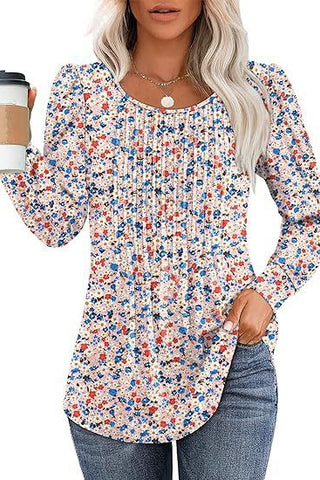 Floral Pleated Low Round Neck Top