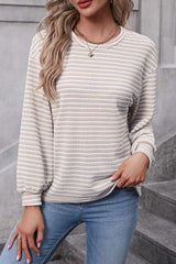 Stripe Round Neck Drop Shoulder Long Sleeve Top