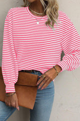 Stripe Round Neck Drop Shoulder Long Sleeve Top