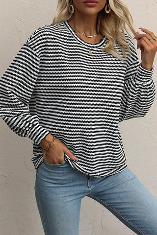 Stripe Round Neck Drop Shoulder Long Sleeve Top