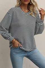 Stripe Round Neck Drop Shoulder Long Sleeve Top