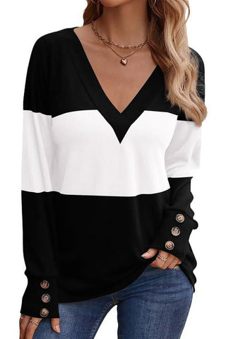 Colorblock Button Decor Long Sleeve VNeck Top