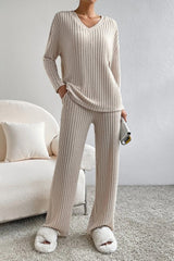 Loose V-Neck Pit Strip Knitted Set