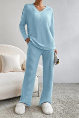 Loose V-Neck Pit Strip Knitted Set