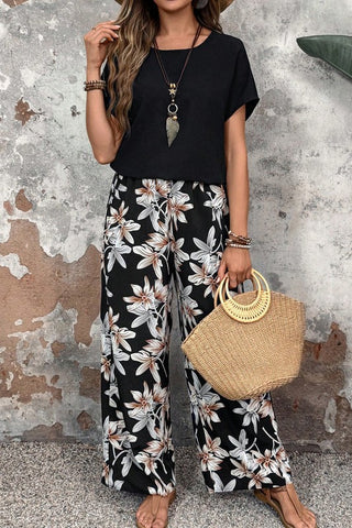 Floral Print Round Neck Casual Set