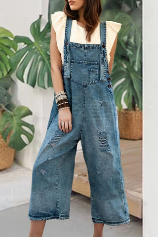 Distressed Pocketed Wide Leg Capri Denim Overall