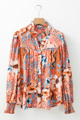 Floral Print Shirred Cuff Buttoned Loose Shirt