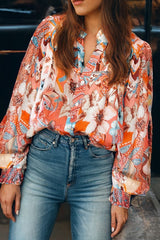 Floral Print Shirred Cuff Buttoned Loose Shirt