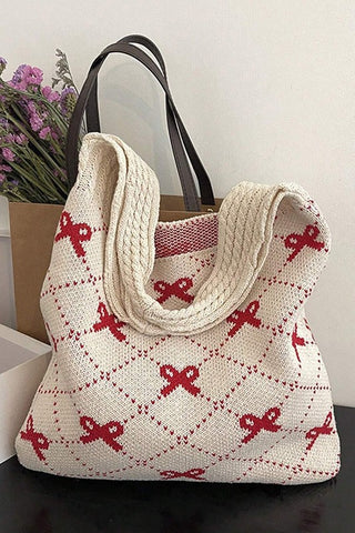 Bow Argyle Pattern Cable Knit Handle Tote Bag