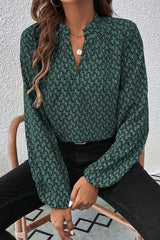 Geometric Print Notched Neck Puff Sleeve Blouse