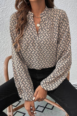 Geometric Print Notched Neck Puff Sleeve Blouse