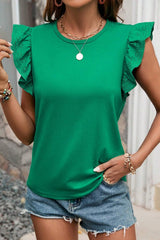 Green Eyelet Ruffled Sleeve Crew Neck Top