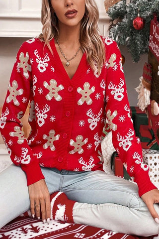 Elk Gingerbread Man Snowflake V Neck Cardigan