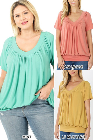 V-NECK SS SHIRRING TOP - PLUS